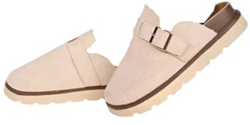 iKrush Women's Beige Faux Suede Chunky Sole Flat Slip-On Buckle Sliders