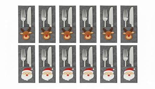 KAMACA 12er Set Filz Bestecktaschen Weihnachten Grau Weihnachtsmann Rentier Besteckhalter Besteck-Tasche Tischdeko Weihnachtsdeko Festliche Tischdekoration Filzoptik (12er Set Bestecktaschen Filz)