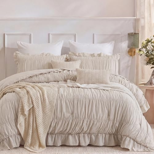Herside Bettbezug-Set mit Rüschen, Queen-Size-Größe, gerüschtes Boho-Bettwäsche, 3-teilig, Shabby-Chic-Stil, luxuriöses Falten-Rüschen-Bettwäsche-Set, atmungsaktive und weiche Mikrofaser, für alle