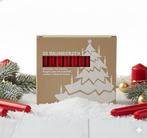 Pyramidenkerze 20 Stück, Made in Germany, Länge 10,5cm, Breite 1,3cm, RAL-Zertifizierte Weihnachtskerzen - Ohne Tropfen & Rußen - Perfekte Baumkerzen (Rot)