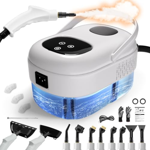 Dampfreiniger Handgerät für Alles, 1,1L Wassertank, 15s Aufheizzeit, Weiß | 6-stufig Verstellbar, 3 BAR Hochdruckdampf, Dampfreiniger mit 18 Zubehörteilen, Steam Cleaner für Küche, Bad, Auto, Boden,BBQ