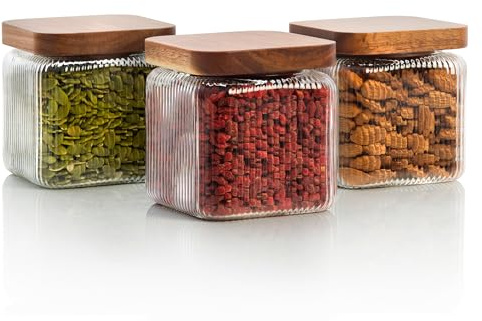 Mason & Fable Ribbed Glass Square Jar with Wooden Lid 750ml-Set of 3| Airtight Fluted Storage Canister for Food, Pasta, Coffee, Sugar | Container for Home & Kitchen (25fl.oz-3x)