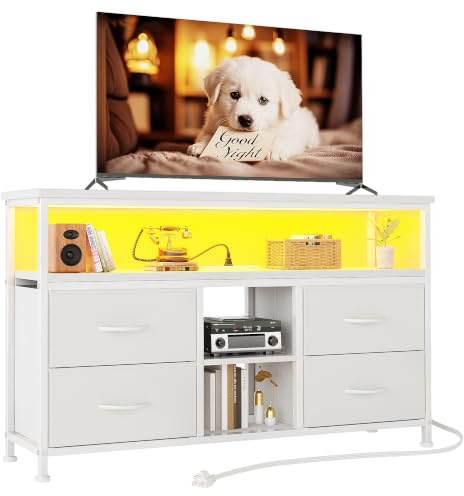 VERMESS 110cm TV Stand, TV Cabinet with Power Outlets & LED Light, 4 Fabric Drawers TV Unit for TVs Up to 55 inch, Entertainment Center for Living Room, Bedroom, White