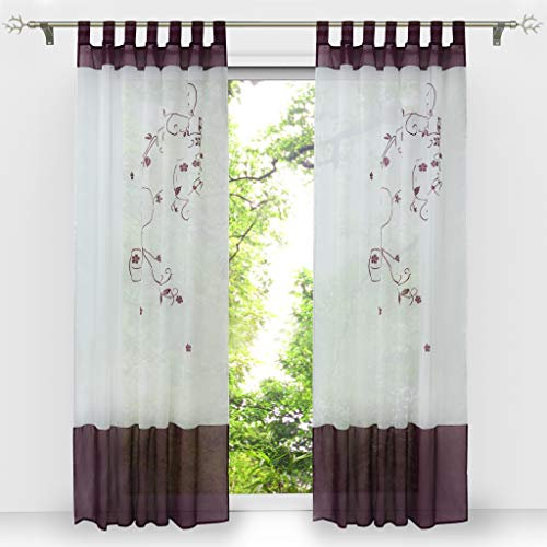 HongYa 1er-Pack Bestickte Gardine Transparenter Voile Vorhang Schlaufenschal H/B 245/140 cm Beere