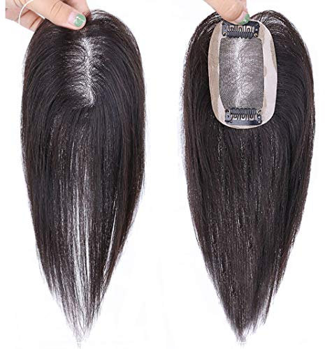 Clip-in-Haarteil aus Echthaar, 7 x 10 cm, handgeknüpft, Mono-Krone, Haarteile für Frauen mit dünner werdendem Haar, 20,3 cm, Schwarz