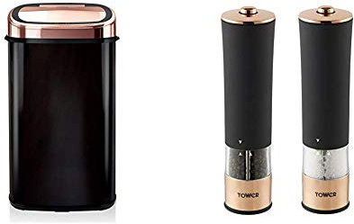 Tower Square Sensor Bin with Infrared Technology, Stainless Steel Black and Rose Gold, 58 Litre & Electric Salt and Pepper Mill, Stainless Steel, Soft-Touch Body, Rose Gold and Black