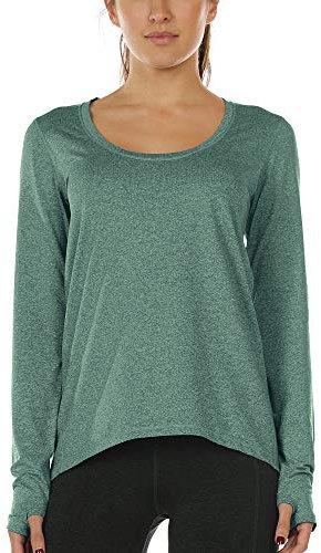 icyzone Damen Laufshirt Langarm Sport Shirt Atmungsaktive Langarmshirt Fitness Top Oberteil mit Daumenloch (S, Dunkelgrün)
