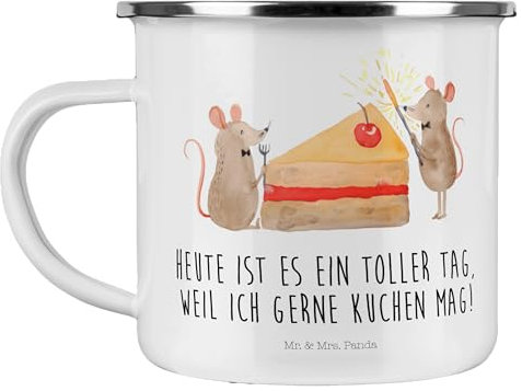 Mr. & Mrs. Panda Camping Emaille Tasse Mäuse Kuchen - Geschenk, Kuchenstück, Edelstahl Trinkbecher, Geburtstagsgeschenk, Trinkbecher, Emaille