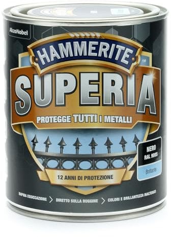 Hammerite Superia smalto metallo antiruggine interno e esterno,Brillante Nero, 750 ml