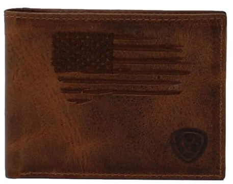Ariat Bifold Wallet Distressed USA Flag, Brown | Western wallet construction, two-panel layout, card and cash organization, compact everyday carry