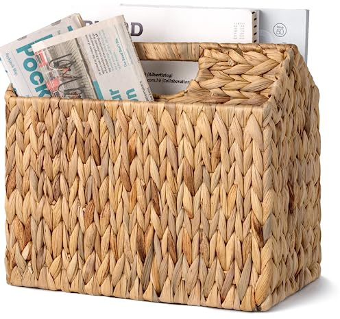 StorageWorks Hand-Woven Divided Magazine Basket, Rattan Magazine Holder, Natural Wicker Magazine Rack for Bathroom, Office, Water Hyacinth, 1 Pack