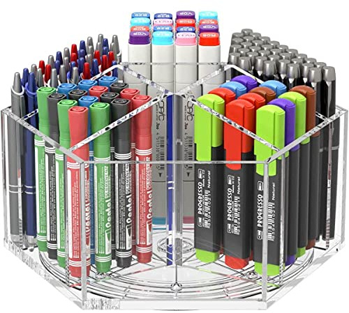 NIUBEE Acryl-Stiftehalter, 7 Fächer, Marker mit mehreren Kapazitäten, Aufbewahrung von Kunstbedarf, Organizer, 360° drehbarer, transparenter Bleistiftbecher