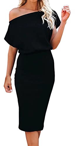 Ezbelle Women's Summer Dress Sexy Off Shoulder Short Sleeve Ribbed Wrap Bodycon Pencil Party Workout Casual Little Black Dresses Large