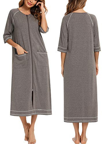 Veseacky Womens Soft Robes Short Bath Robes Zip Front Sleepwear 3/4 Sleeve Bathing Gown (Grey,S)