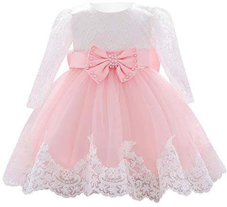 Odizli Robe de baptême bébé fille manches longues dentelle broderie princesse robe tulle mariage baptême tutu robe de bal, Rose, 18-24 mois