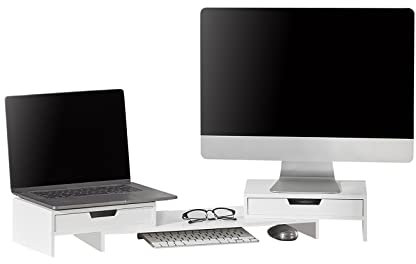 SoBuy Soporte Monitor Escritorio con 2 Cajones Elevador de Monitor Ajustable Soporte Ordenador Portátil y Pantalla Elevador Pantalla Ordenador Blanco 60–107x22x11cm BBF04-W