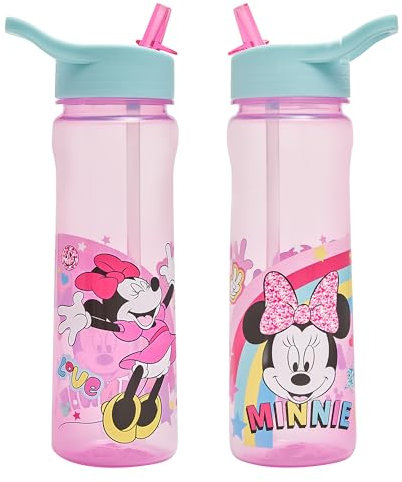 Disney - Minnie Mouse Flip Up Water Bottle 600ml, Official Disney UK Merchandise by Polar Gear, Kids Reusable Non Spill BPA Free Recyclable Plastic, Ideal School Sports, Pink & Blue