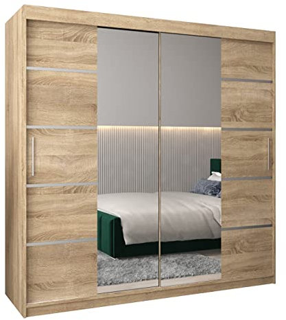 MEBLE KRYSPOL Verona 4 200 Schlafzimmerschrank Schiebetüren Schrank mit Spiegel Kleiderschrank mit Spiegel Schiebetürenschrank Kleiderschrank Schiebetüren – 200x200x62cm - Sonoma