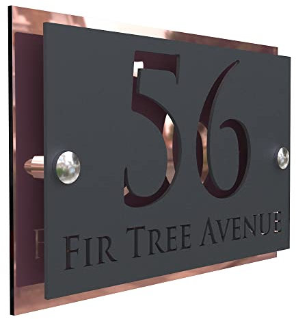K Smart Sign | Simpatico | Modern laser Cut House Signs 3d effect door number address style sign plaques address numbers | 200mm x 130mm (Rose Gold Mirror & Matt Gray)