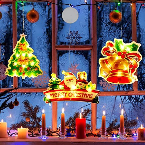 3 Pcs Christmas Window Lights Xmas Window Sucker Lamp with 6 Pcs Decoration Suckers Hooks Hanging Christmas Tree Bell Santa Claus LED Xmas Light Battery Powered for Wall Garden