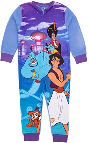 Disney Aladdin Girls Onesie in Blue | Kids All In One Fleece Pyjama Loungewear | Genie Jafar Abu PJs Sleepsuit Nightwear | Movie Pajama Bodysuit Romper Merchandise Gift for Children