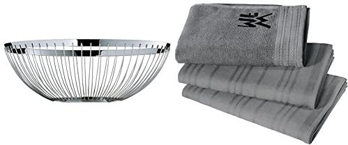 WMF Concept Obstkorb groß 26 cm, dekorative Obstschale, Brotkorb, Cromargan Edelstahl poliert & Küchenhandtuch-Set 3-teilig, Baumwolle Küchentücher, 2 Geschirrtücher, Handtuch, Geschirrhandtuch