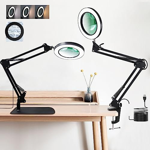 ZABOUL 2-IN-1 Magnifying Glass with Light and Stand, 10X Remote Control Magnifying Desk Lamp with Large Base & Clamp, 3 Color Stepless Dimmable Magnifier, Magnifying Glasses for Hobbies Reading (Black