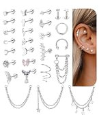 FIOROYAL 27 Stück 16G Helix Piercings Ohrstecker Edelstahl für Frauen Männer Hypoallergen Helix Kette Silber Tragus Piercing Ohr Gold Silber Flatback Ohrringe Kette Baumeln Daith Piercing Set-Silber