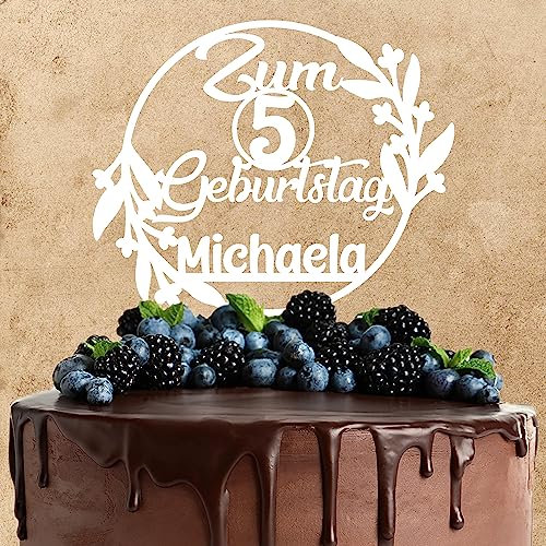 Wunschtext Cake Topper aus Acryl | Zum Geburtstag | personalisiert mit Namen und Zahl | Kuchendeko Tortenstecker | weiß | Kuchendekoration und Tortenschmuck 100% Made in Germany