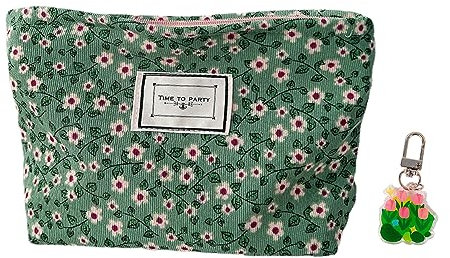 1 Kosmetiktasche mit Blumenmuster und 1 Blumen-Hängeverzierung, tragbare Reise-Kosmetiktasche, Kulturbeutel, Kosmetik-Aufbewahrungstasche, Reiseutensilien (grün)