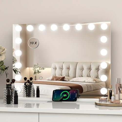 YU YUSING Hollywood Vanity Mirror with Lights, 80×60cm Lighted Makeup Mirror with 18 Dimmable Led Bulbs, 3 Lighting Modes, Touch Control, USB Output Port, Tabletop or Wall-Mounted Mirror