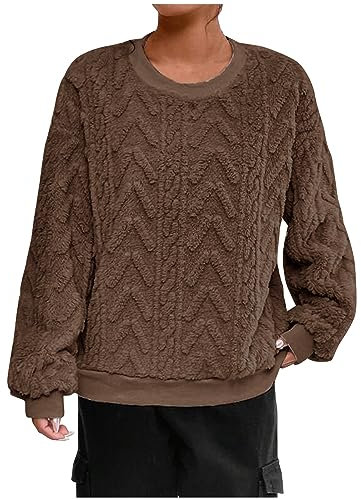 Damen Pullover Langarm Basic Style Lose Freizeit Sweatshirt Einfarbig Sweater Casual Frauen Pulli (Kaffee, M)