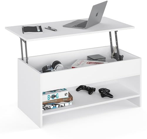 KOMTO Couchtisch Höhenverstellbar - Wohnzimmertisch mit Stauraum Aufklappbar Sofatisch für Wohnzimmer Kaffeetisch Stubentisch Weiß | Coffee Table Tokyo 98,4 x 50,4 x 48
