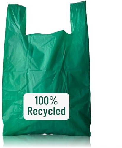 PWgoods 100% Recycled Plastic Carrier Bags - Green, Jumbo 12 x 18 x 24, Heavy Duty 28mu, 200 Pack, Easy Tie Handles, Takeaway Shopping Retail Grocery Bin Bag