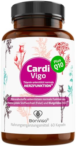 BonVigo® CardiVigo mit Thiamin für normale Herzfunktion. Plus Weißdorn, Q10 | Folat für normale Blutbildung & Vitamin C zu normaler Kollagenbildung für normale Funktion der Blutgefäße & Pflanzenextrakte