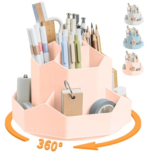 Stifthalter für Schreibtisch, 9 Fächer, 360 Grad drehbarer Schreibtisch-Organizer, Schreibtisch-Aufbewahrung, Schreibwaren-Organizer, niedlicher Stiftebecher für Büro, Schule, Zuhause (Rosa)