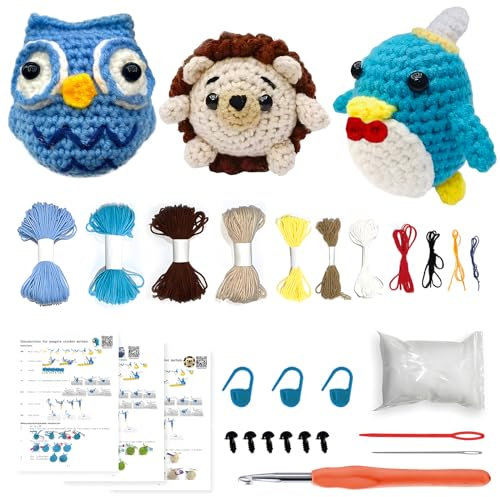 Komplett Häkelset für Anfänger Tiere, Häckeln Stricken Set mit Häkelnadeln Garn, Kreativ Strickset Bastelset für Erwachsene Kinder Geschenk Stricken Sie handgefertigte, DIY-Anhänger für Anfänger