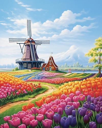 Malen nach Zahlen für Erwachsene,Anfänger,Windmühle im holländischen Blumenfeld,Malen nach Zahlen Set für Erwachsene,DIY-Geschenk-Leinwand-Malsets,40x50cm