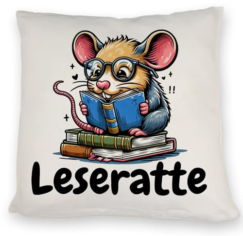 speecheese Leseratte Kissen mit Spruch Leseratte Niedliche Ratte mit Lesebrille Dickes Buch im Arm Brillentier KuschelKissen zum Lesen Leseecke