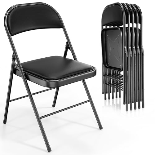 VINGLI 6 Pack Folding Chairs with Padded Seats, Metal Frame with Pu Leather Seat & Back, Capacity 350 lbs, Black