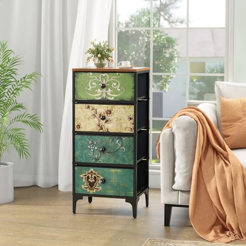 LYNCOHOME Commode avec 4 tiroirs en Tissu, Table de Chevet, Buffet avec tiroirs en Tissu, Meuble à tiroirs, Meuble de Rangement pour Cuisine, Bureau, Couloir, Style campagnard