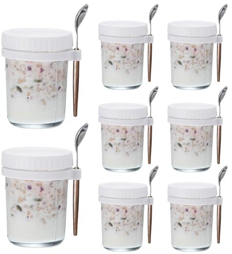 sourcing map Overnight Oats Contenedores con tapas, 8 unidades, tarros de avena nocturna de 10 onzas con cucharas y marcas de medición, tarros de vidrio Mason para cereales de leche (blanco)