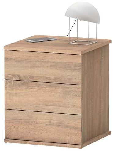 briebe Mesita de Noche 3 Cajones, Mesilla Dormitorio 48,5x41x40 cm (Alto x Ancho x Profundo) Cajonera Serenade (Roble Cambrian)