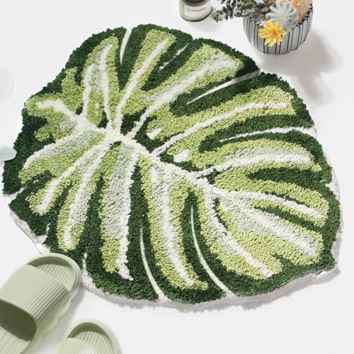 Softania Leaf Rug Flower Monstera Plant Shaped Bath Rug - Cute Small Green Bath Mat Bathroom Rug Non Slip, Water Absorbent, Machine Washable