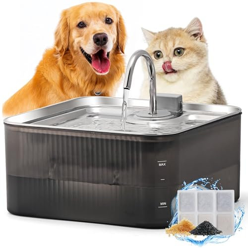 FUKUMARU Fuente para Perros y Gatos de 7 L con filtración de 5 Capas, de Acero Inoxidable con Bomba silenciosa, con protección contra sobrecarga, para Perros Grandes/Varios Gatos, con 3 filtros