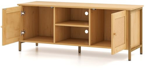 GYMAX Mobiletto in rattan PE per TV da 55”, Mobile da salotto stile Mid Century con ante, ripiani, 2 passacavi, gambe in metallo robuste, Mobile multimediale per salotto, camera da letto, Naturale