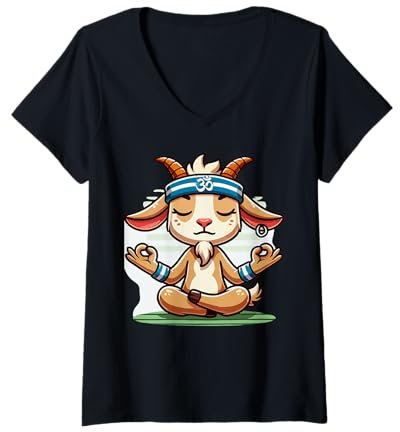 Damen Ziege Yoga Spielzeug Ziege Stofftier Plüsch Ziege Yoga Party Spiel T-Shirt mit V-Ausschnitt