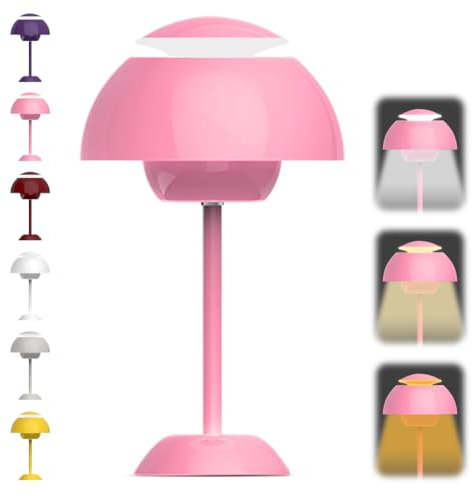 Pilzlampen Tischlampe, LED Akku Tischlampe Kabellos 3000k-6000k Moderne Aufladbar Touch Dimmbar Nachttischlampe mit 3 Helligkeitsmodi, Flowerpot Lamp für Schlafzimmer, Wohnzimmer, Büro (Rosa)