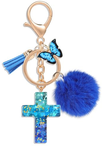 MWOOT Croix Porte Clés Chrétien Bible Porte Clés Sac à dos Charmes de sac à main pour Femmes Filles, Papillon Peluche Pendentif Porte clés, Bleu