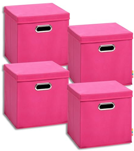 Storanda | 4er Set Aufbewahrungsbox mit Deckel 28x28x28 cm | Beiseitig Breite Griffe | Stabil & Faltbar | Regalbox für Würfelregal | Pink